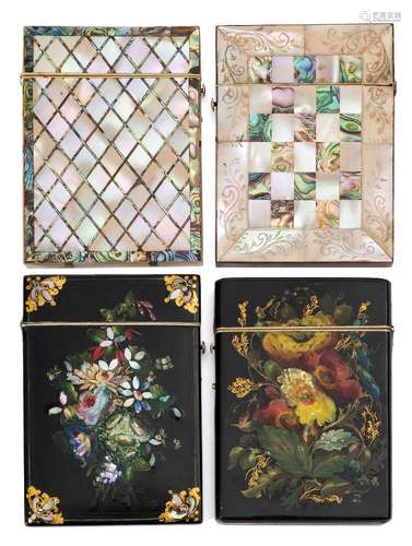 Two Victorian papier mache card cases and two inlaid m.o.p.