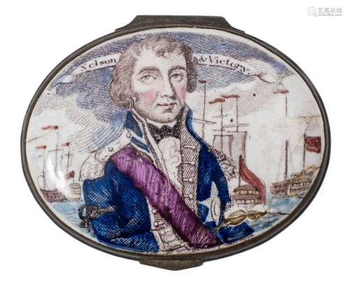 An early 19th century English enamel oval patch box 'Nelson & Victory': painted and transfer