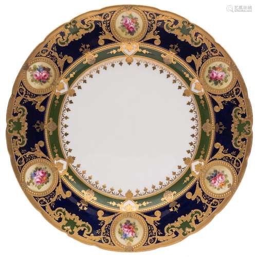 A Royal Crown Derby porcelain cabinet plate painted by Charles Harris: the rim painted with six