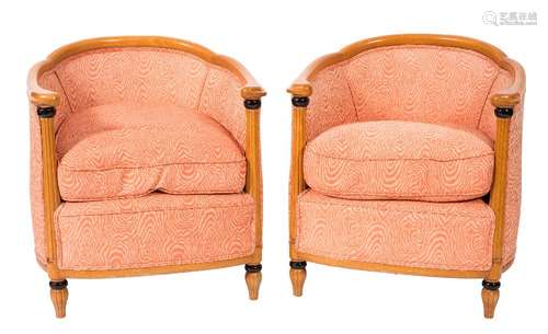 A pair of beechwood tub-shaped armchairs in the Biedermeier style:,