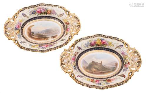 A fine pair of Copeland Spode porcelain comports painted by Harry Hammersley: of pierced oval form,