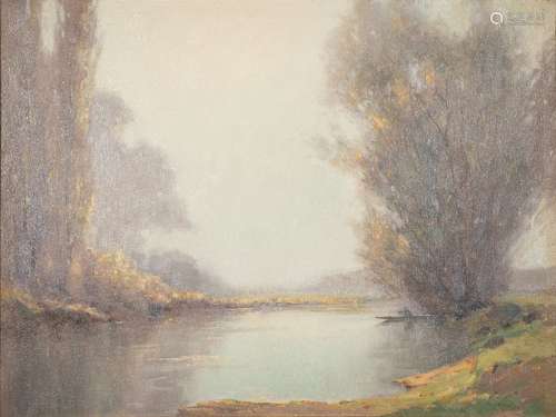 Augustus William Enness [1876-1948]- Dawn over a misty lake,