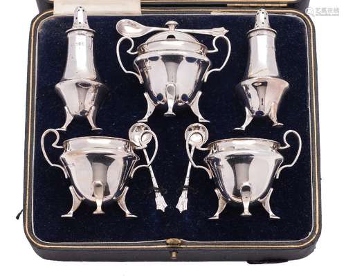 A George V silver cruet set, maker Lee & Wigfield, Sheffield, 1928/30: includes two peppers,