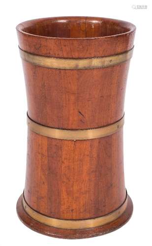 A teak and brass bound cylindrical waisted barrel stick stand:, 53cm (1ft 8 3/4in) high,