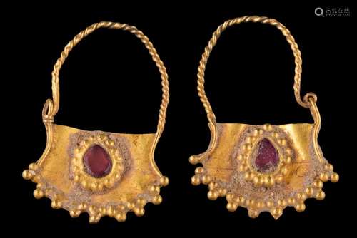 A pair of antique Roman gold and red glass drop earrings: each with a fan-shaped drop with beaded