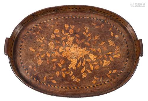 A 19th Dutch marquetry oval tea tray: with chequer inlaid galleried border,