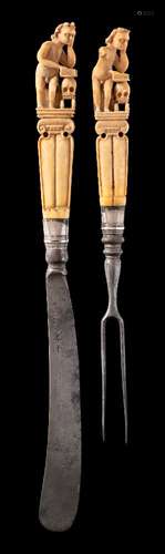 An early 18th century Dutch ivory handled travelling knife and fork set: each carved with a naked