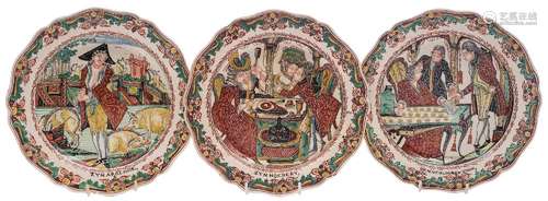 A set of six Dutch decorated English creamware plates: probably Leeds, of silver shape,