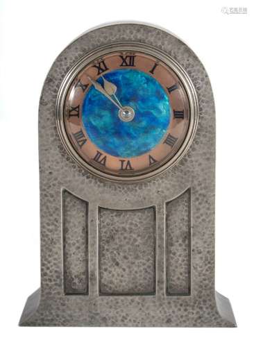 A Liberty & Co Tudric pewter mantel clock: designed by David Veasey, London, circa 1902,