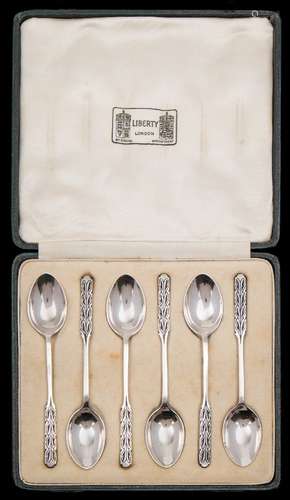 Liberty & Co, a set of six George V silver and enamel coffee spoons, Birmingham, 1935: 11.25cm.