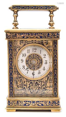 A French enamelled carriage clock: the eight-day duration timepiece movement having a platform