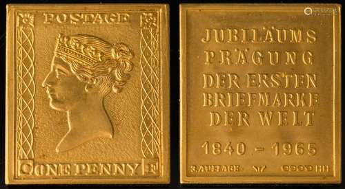 A 'Penny Black' commemorative medallion: dated '1840 - 1965', with '3 Auflage' and '999.