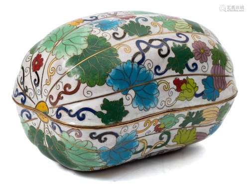 A Chinese cloisonne enamel box and cover in the form of a marrow: decorated with flowers,