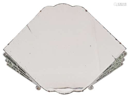 Two Art Deco wall mirrors:, one of lozenge shape with a bevelled plate and scrolling metal mounts,