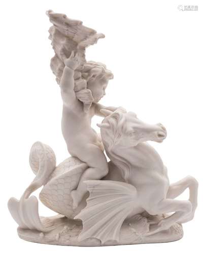 A Minton parian group of the infant Neptune holding a conch shell and riding a hippocampus: