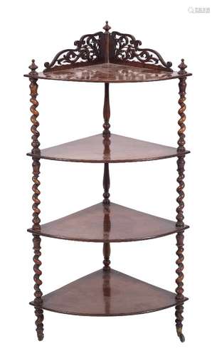 A Victorian walnut bow-fronted four tier corner whatnot:,