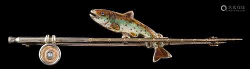 A 9ct gold and enamelled 'leaping salmon' motif bar brooch: in the form of a fishing rod,