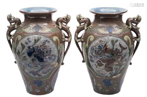 A pair of large Alexandra Lauder [Barnstaple] pottery vases: with grotesque serpent handles,