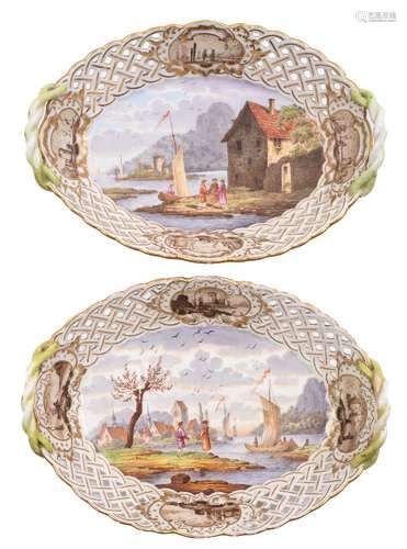 A pair of Dresden porcelain oval two-handled baskets: the centres painted with busy estuary scenes