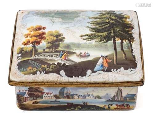 A late 18th century enamel rectangular box: the hinged lid and four sides decorated with figures