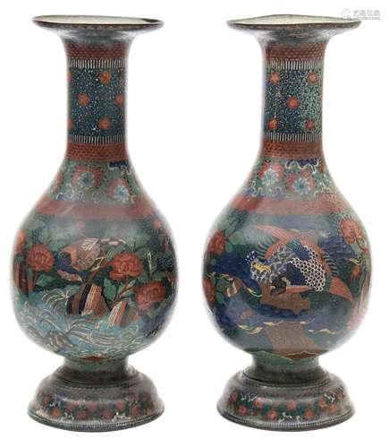 A pair of late 19th century Japanese cloisonne vases: of baluster form with flared rim,