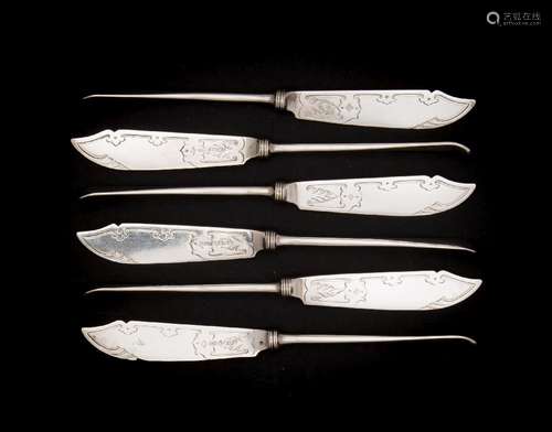 A set of six Victorian Scottish silver fish knives, maker Edwin Millidge, Edinburgh, 1863: crested,