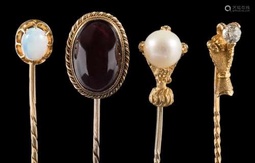 A button pearl mounted stick-pin and three others: the pearl (untested) approximately 8mm diameter,