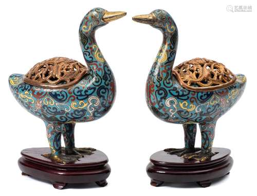 A pair of Chinese cloisonne enamel goose incense burners and gilt-copper covers: each bird