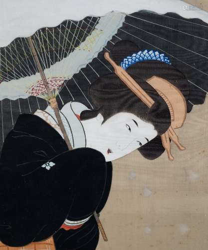 After Kurihara Gyokuyo, Geisha girl in a snowstorm:, painting on silk, 128cm. x 50cm.