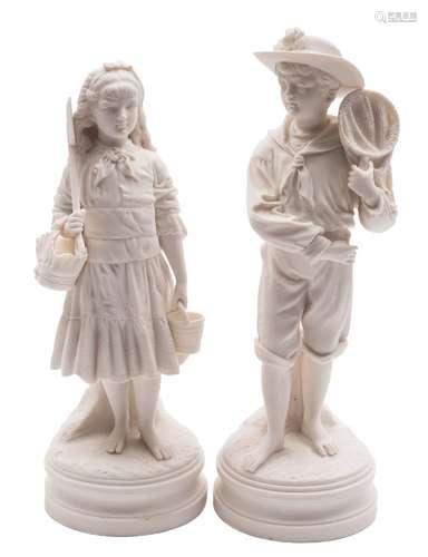 A pair of Robinson and Leadbeater parian figures of a seaside boy and girl: the boy wearing a wide