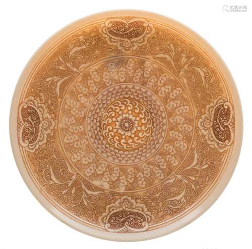 A Thomas Webb 'ivory' cameo glass plate: carved and brown patinated with bands of stylised flowers,