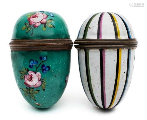 A Bilston enamel egg shaped nutmeg grater and a similar bonbonniere: the first decorated with