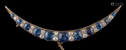 A 19th century sapphire and diamond crescent brooch: with cushion-shaped sapphires between pairs of