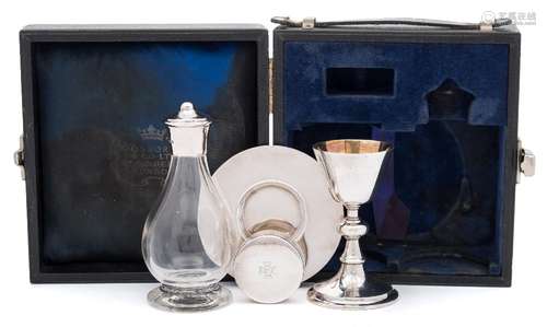 An Elizabeth II four piece travelling communion set, maker F Osborne & Co Ltd, London,