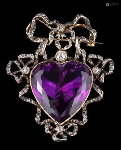 A 19th century heart-shaped amethyst & diamond brooch: the heart-shaped amethyst approximately 25mm