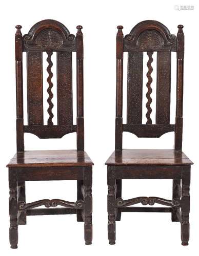 A pair of late 17th Century oak dining chairs:,