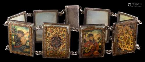 An early 20th century Persian painted panel bracelet: the eight open backed panels depicting