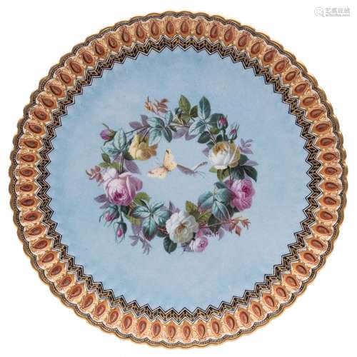 A Copeland porcelain plate painted by Charles Ferdinand Hurten: painted with two butterflies within