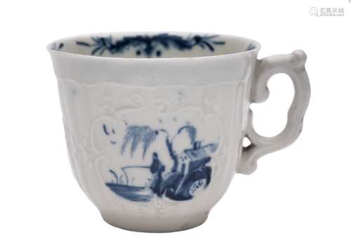 A First Period Worcester blue and white coffee cup: of moulded strap-fluted form with scroll handle,