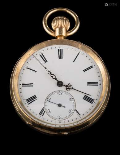 A gentleman's 18ct gold cased keywound lever openface pocket watch: the circular white enamel dial