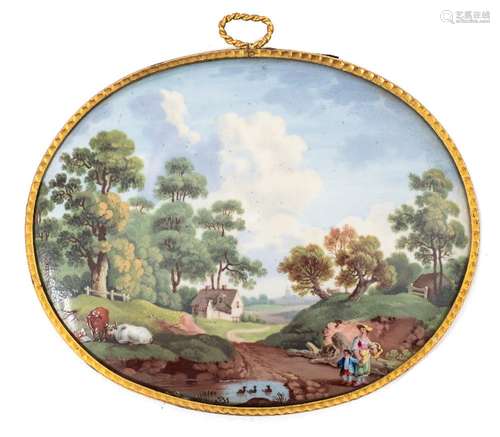 A late 18th century South Staffordshire enamel oval plaque: depicting a rural landscape with a