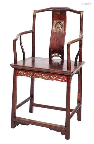 A Chinese carved wood and decorated armchair:,