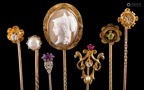 A 19th century gold stick-pin: with circular granulation work panel in the style of Castellani,