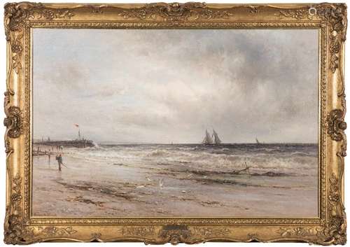 Gustave De Breanski [1856-1898]- Fishing boats off a shore, a harbour jetty beyond,