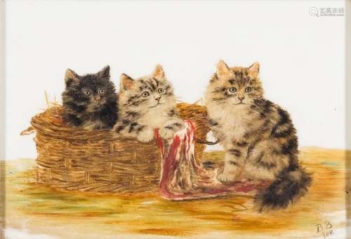 Bessie Bamber [19/20th Century]- Three kittens in a basket; Three kittens looking cute.