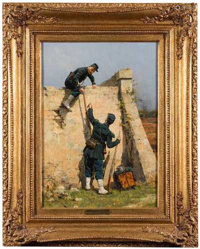 Etienne Prosper Berne-Bellecour [1838-1910]- A Quick Escape; infantrymen by a rampart,