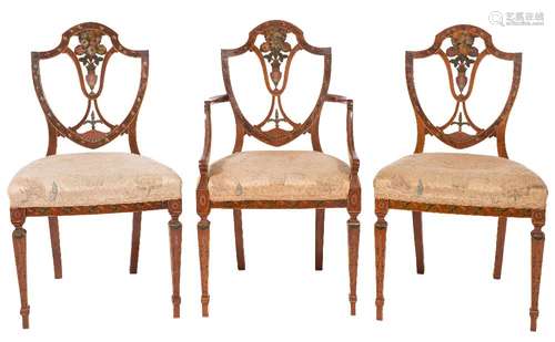 A set of six late 19th Century satinwood and decorated dining chairs in the Sheraton taste:,