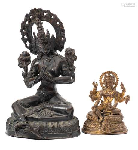 A Sino-Tibetan bronze figure of Tara Bodhisattva and one other: seated in Dharmacakra Mudra pose,