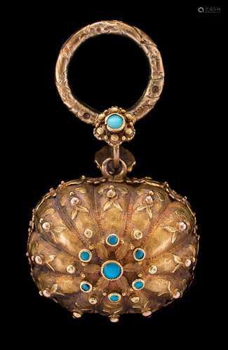 A late 19th century gilt metal and turquoise mounted vinaigrette: of rectangular outline,