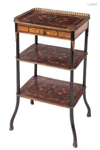 A Victorian amboyna, ebonised and marquetry three tier etagere:,